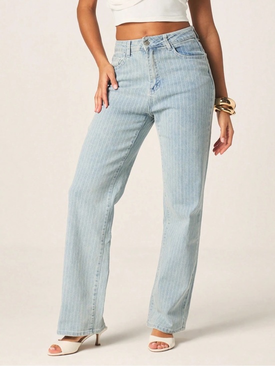 Missguided Denim - Missguided Light Blue Pinstripe Jeans Straight Leg Jeans Relaxed Denim 30